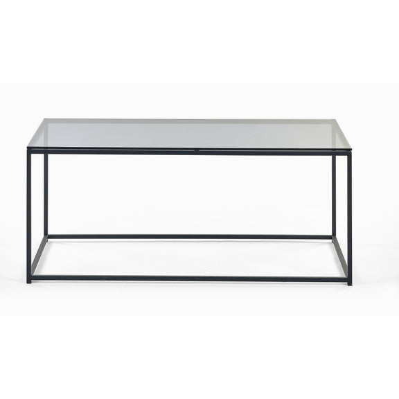 Glass coffee table with black metal frame on a white background