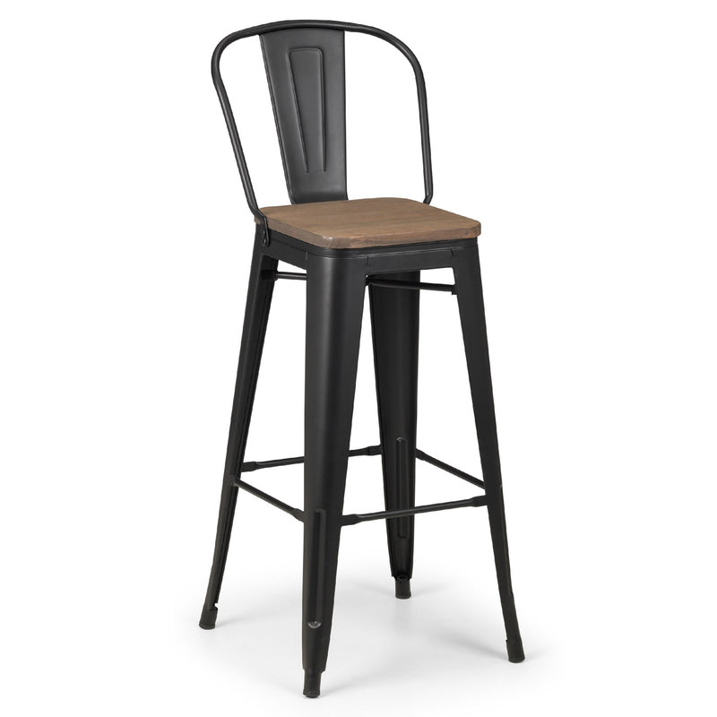 Black metal bar stool with wooden seat on a white background