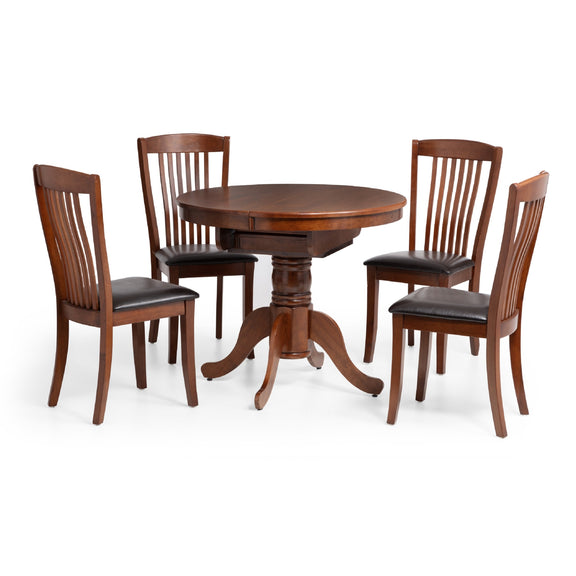 Wooden dining table with four matching chairs on a white background
