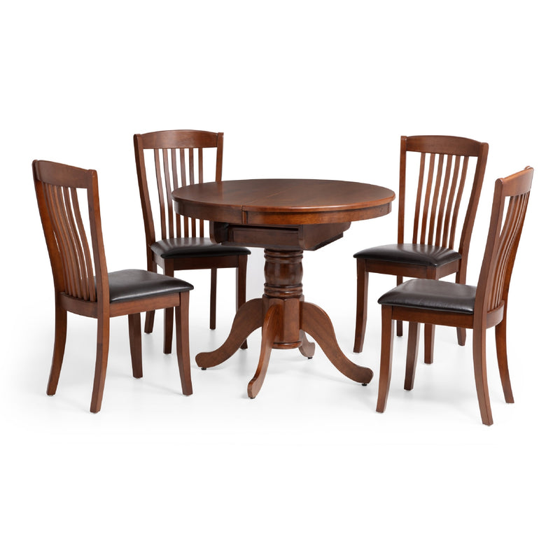 Wooden dining table with four matching chairs on a white background