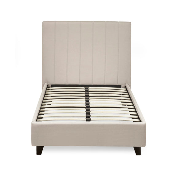 Beige upholstered bed frame with slatted bed base on a white background