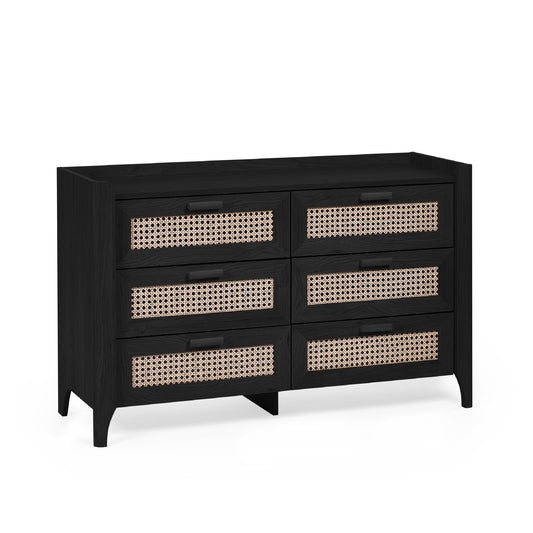 Black 6 drawer storage chest with woven rattan drawer fronts front view