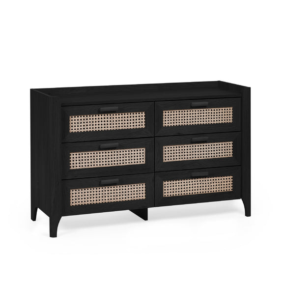 Black 6 drawer storage chest with woven rattan drawer fronts front view
