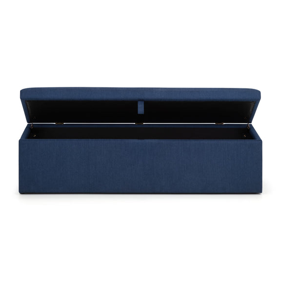 Blue storage bench with open lid on a white background