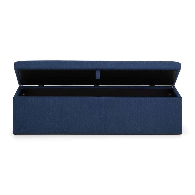 Blue storage bench with open lid on a white background