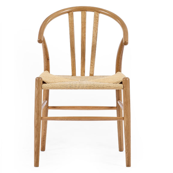 Wooden chair with woven seat on a white background