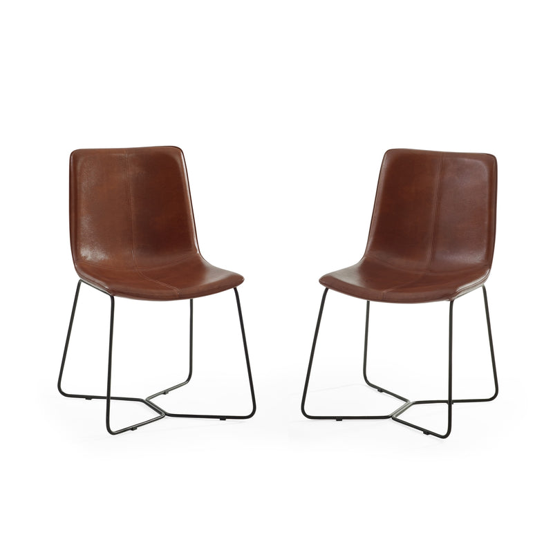 Two brown leather chairs with metal legs on a white background