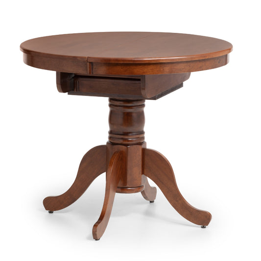 Wooden round table with a pedestal base on a white background