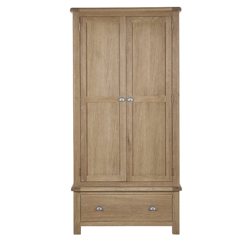 Wooden wardrobe with two doors and a drawer on a white background