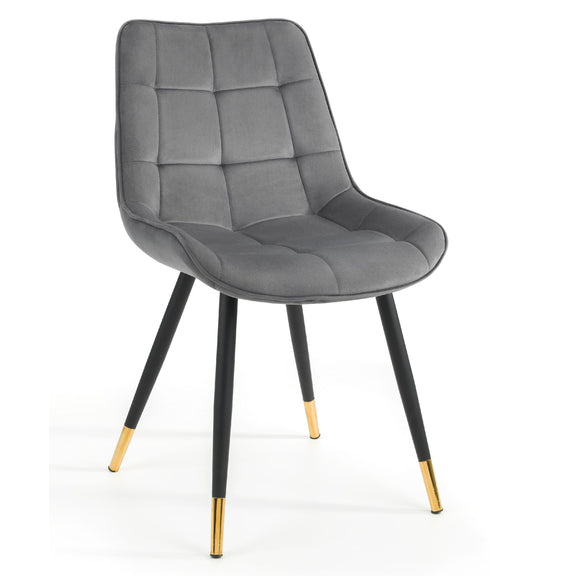 Gray chair with black legs and gold feet on a white background