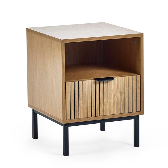 Wooden side table with white top and black legs on a white background