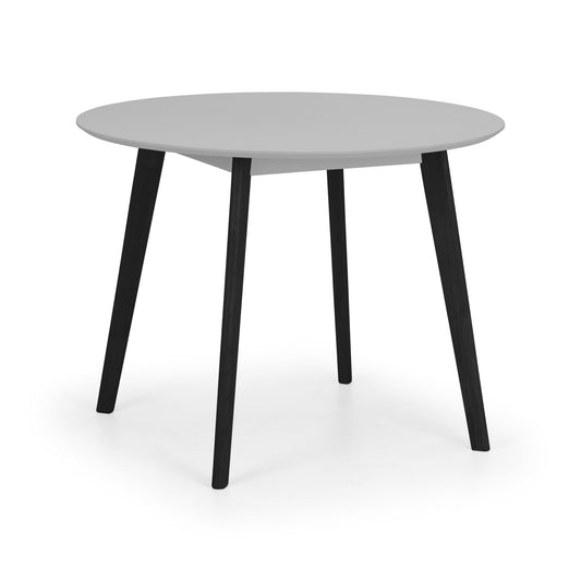Round table with a light gray top and black legs on a white background