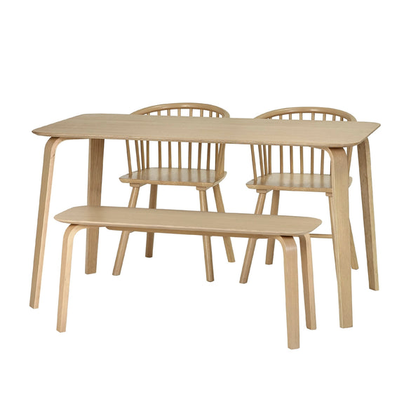 Beige dining set with table, chairs, and bench on a white background