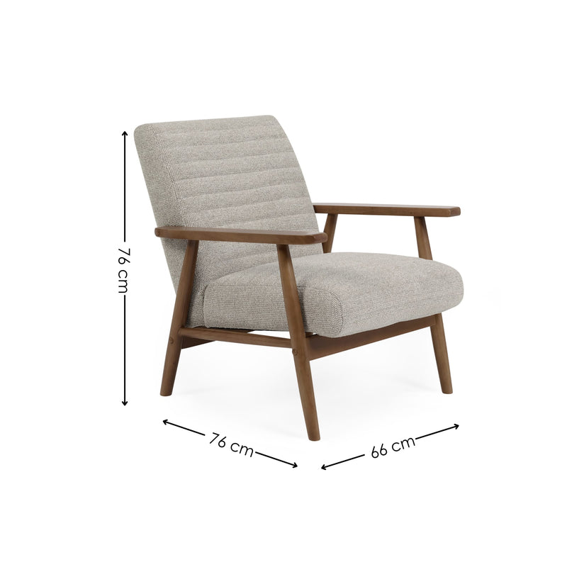 Gray armchair with wooden frame and dimensions indicated on a white background