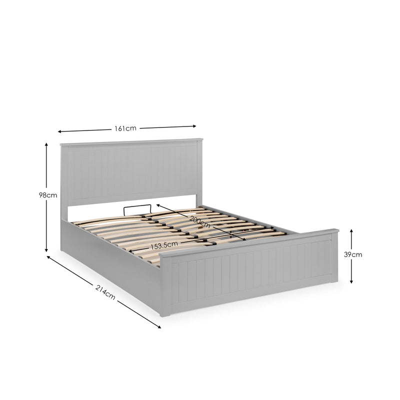 Gray bed frame with dimensions labeled on a white background