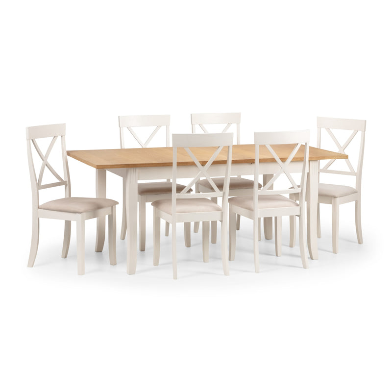 Dining table set with six chairs on a white background