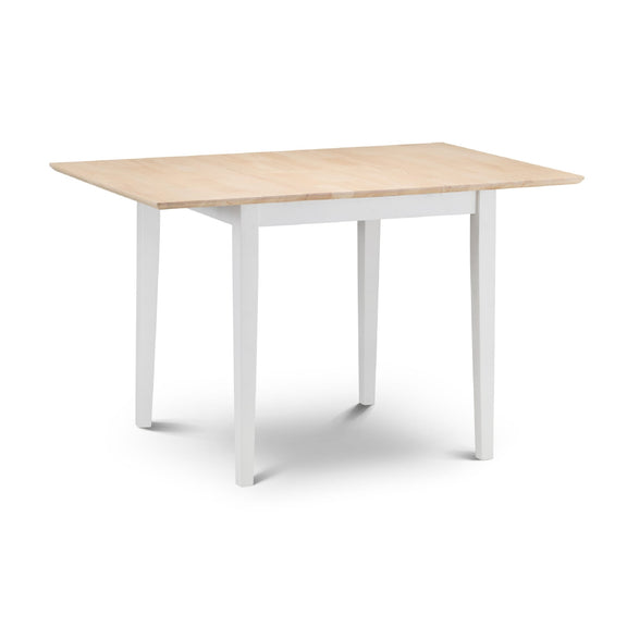 Rectangular table with wooden top and white legs on a white background