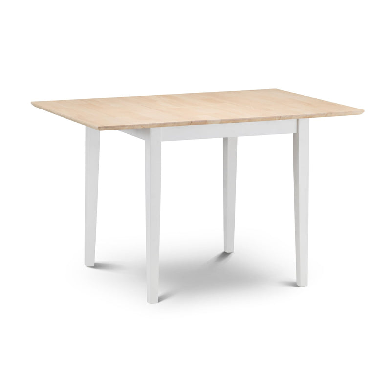 Rectangular table with wooden top and white legs on a white background