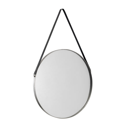 Round mirror with a black strap on a white background