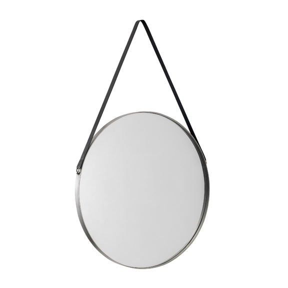 Round mirror with a black strap on a white background