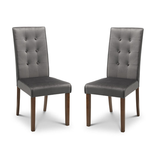 Two gray upholstered chairs with wooden legs on a white background