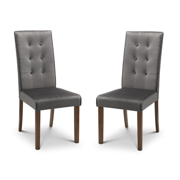 Two gray upholstered chairs with wooden legs on a white background