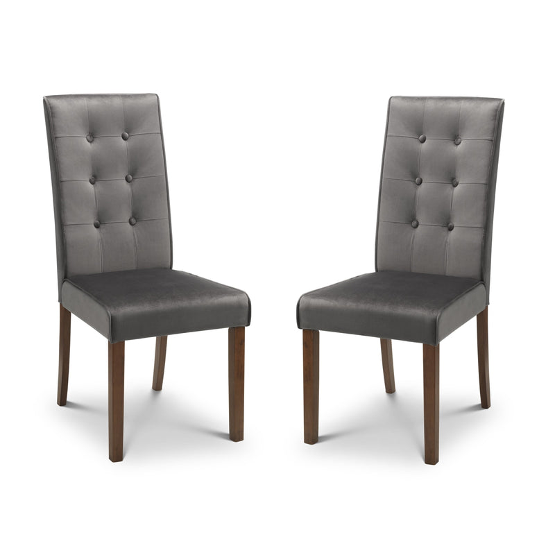 Two gray upholstered chairs with wooden legs on a white background