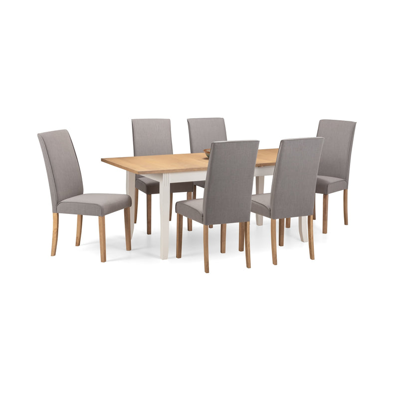 Dining table set with six gray chairs on a white background