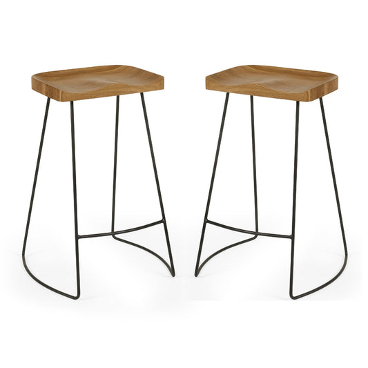Two wooden bar stools with black metal legs on a white background