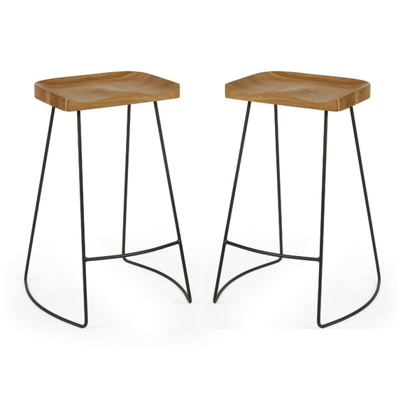 Two wooden bar stools with black metal legs on a white background