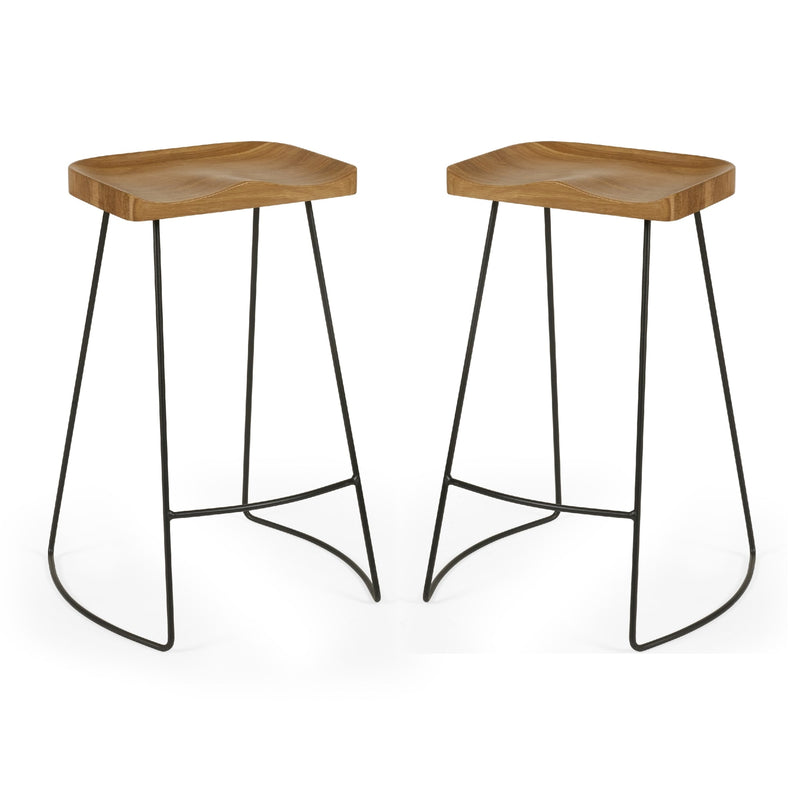 Two wooden bar stools with black metal legs on a white background