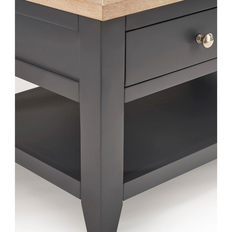 Dark gray side table with a wooden top on a white background