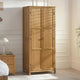 Wooden wardrobe in a bedroom setting with a nightstand and lamp.