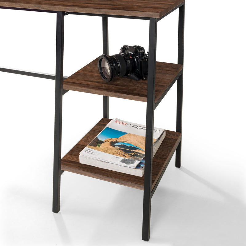 Wooden shelf with a camera and magazine on a white background