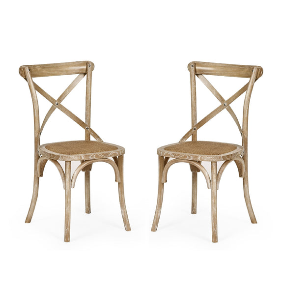 Two wooden chairs with woven seats on a white background
