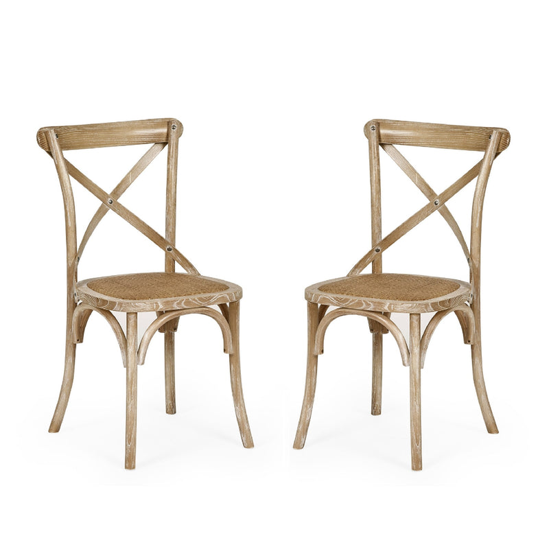Two wooden chairs with woven seats on a white background