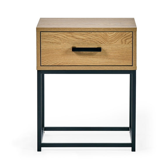 Wooden side table with a drawer and black metal frame on a white background