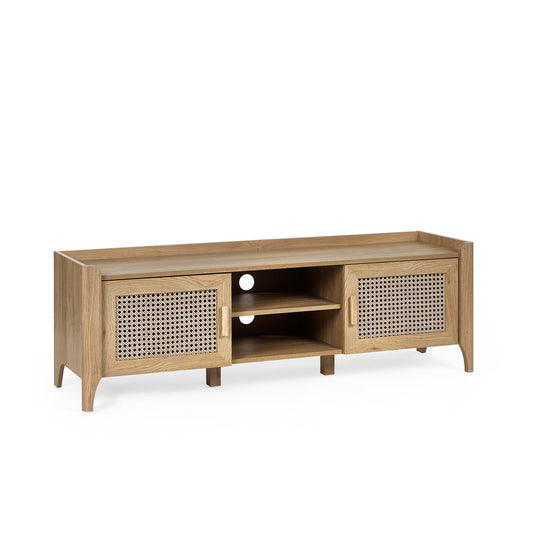 Wooden TV stand with rattan doors on a white background
