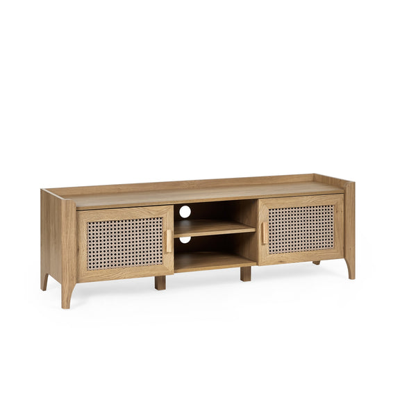 Wooden TV stand with rattan doors on a white background