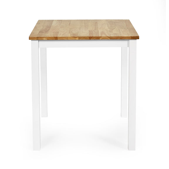 Small table with wooden top and white base on a white background