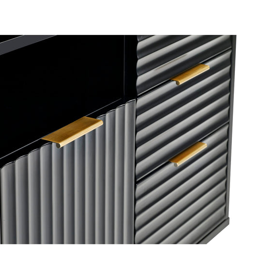 Metallic cabinet with ribbed design and gold handles on a white background