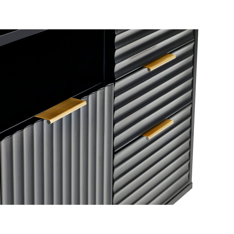 Metallic cabinet with ribbed design and gold handles on a white background