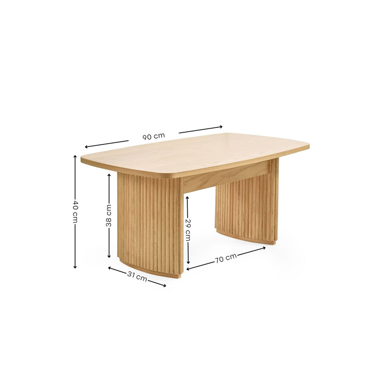 Wooden table with dimensions labeled on a white background