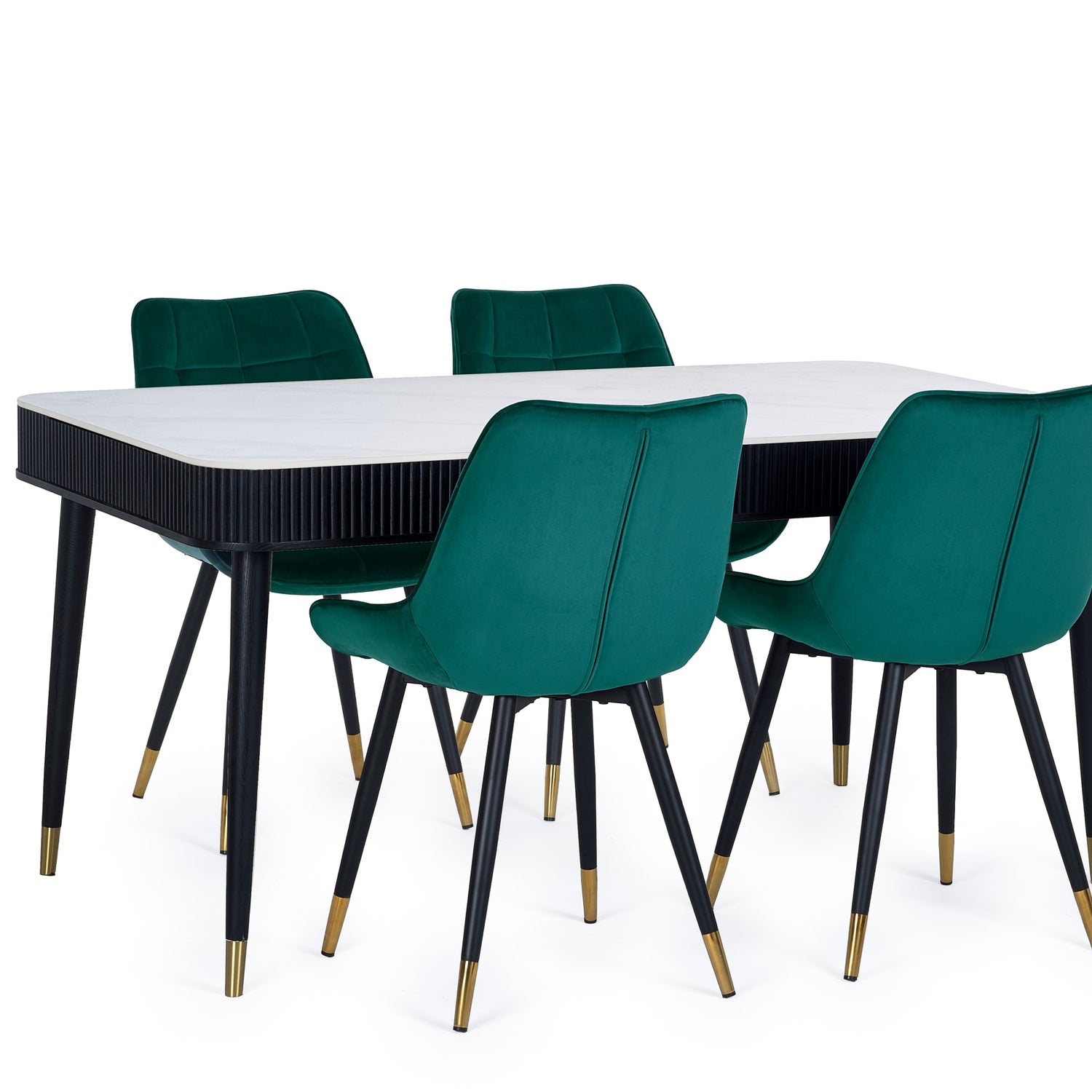 Dining table with four green chairs on a white background
