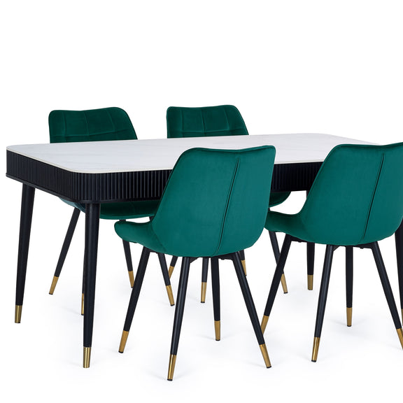 Dining table with four green chairs on a white background