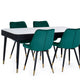 Dining table with four green chairs on a white background