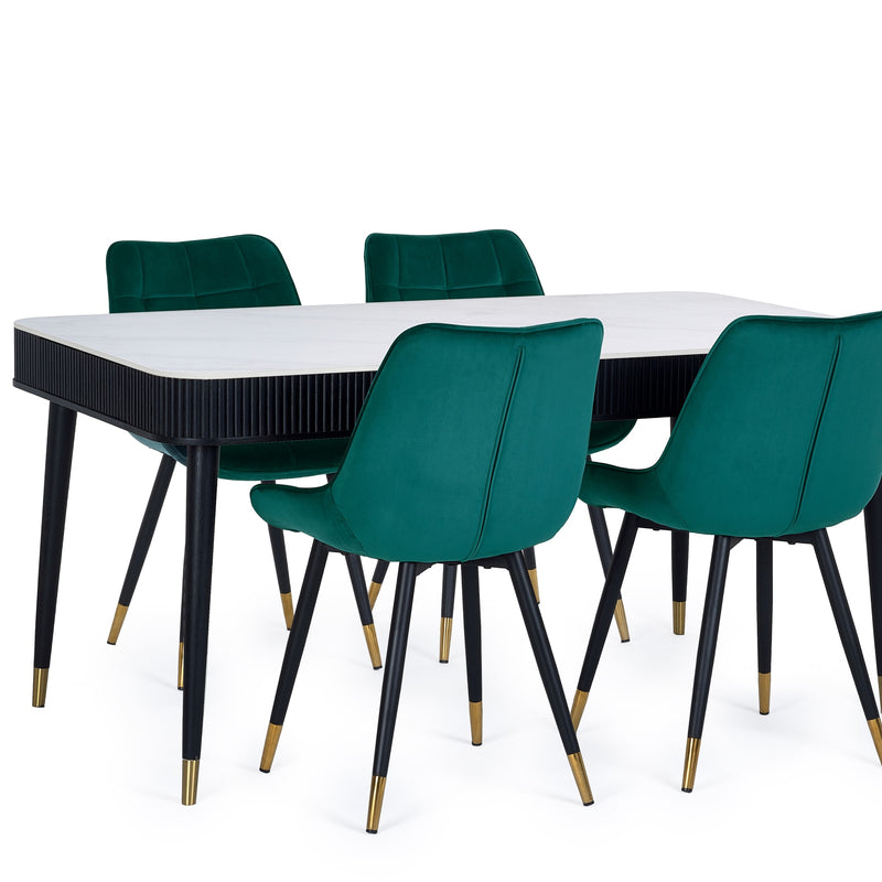 Dining table with four green chairs on a white background