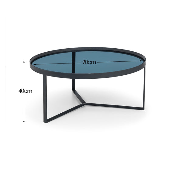 Round coffee table with dimensions on a white background