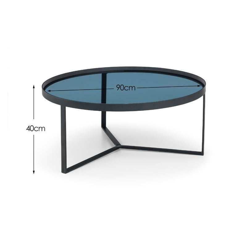 Round coffee table with dimensions on a white background