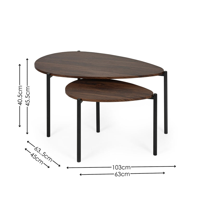 Two wooden tables with dimensions on a white background